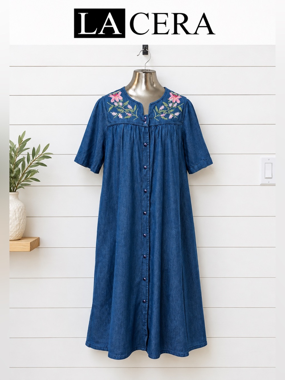 La Cera Embroidered Denim Grandma-Style Dress – Size S
